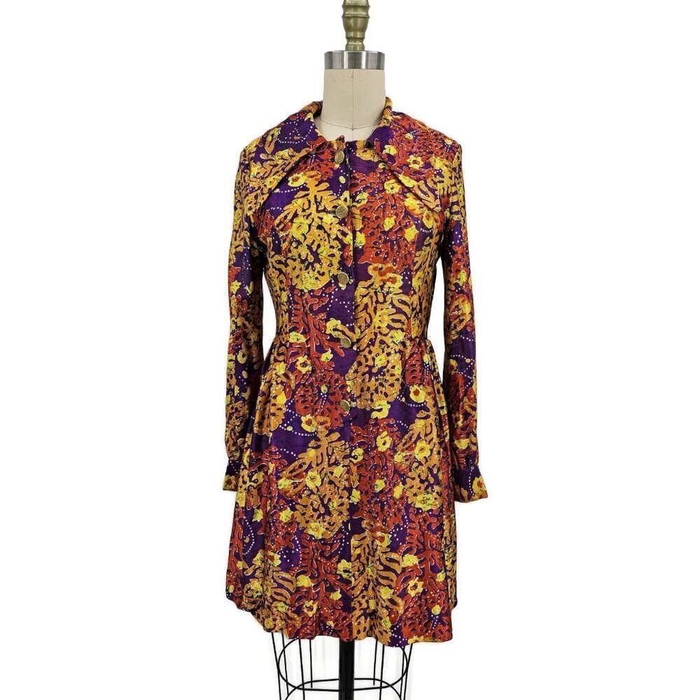 VTG Joseph Magnin Mod Mini Dress Womens 11 Long Sleeve Floral Large Collar